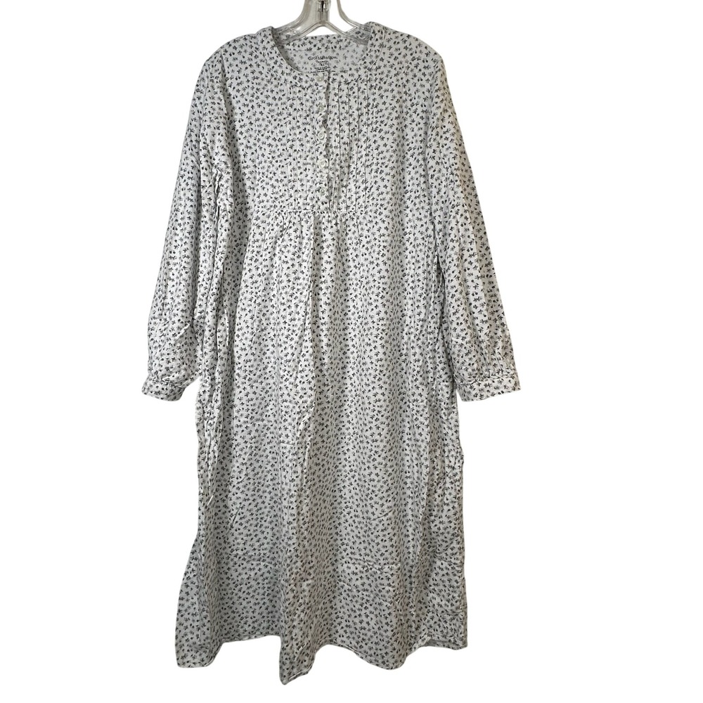 Croft & Barrow Intimates Womens XL White Grey Floral Cotton Flannel Nightgown